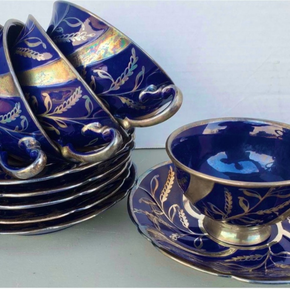 5 x RICHARD GINORI COBALT BLUE/SILVER CUPS AND SAUCERS